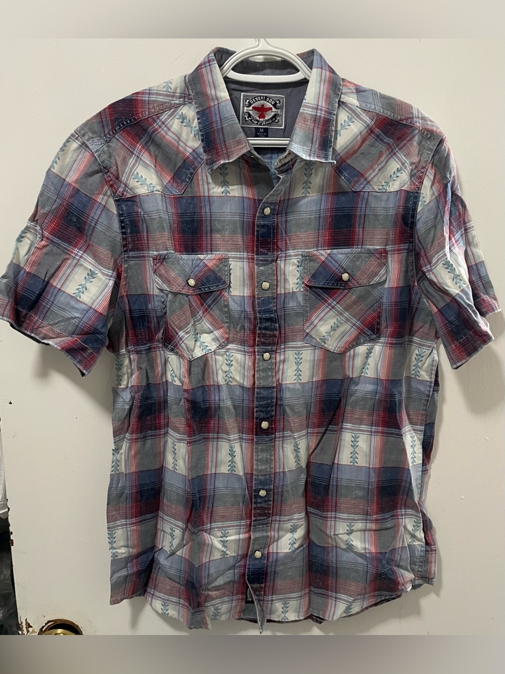 Flag & Anthem Men’s Plaid Button Up Short Sleeve Shirt Red Navy White Medium M